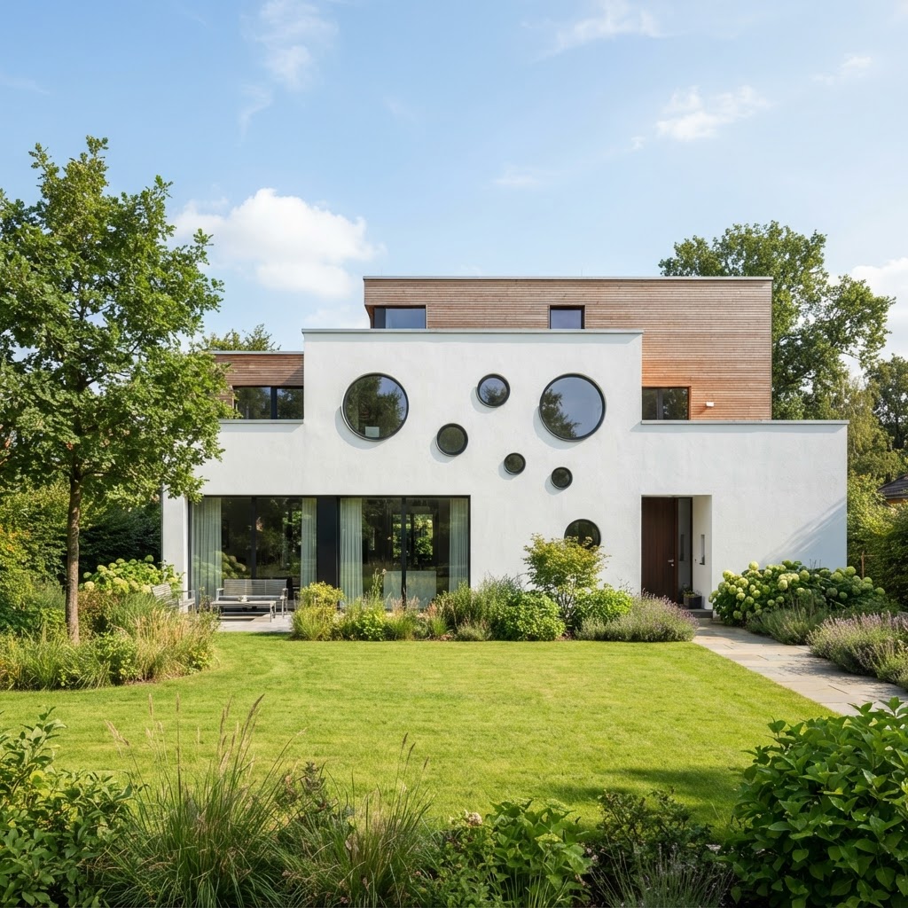 Modern white house with several round windows of different sizes