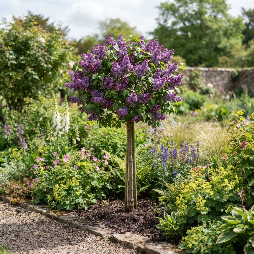 Standard lilac grown as a small single stem tree with a rounded head of purple flowers in a mixed border