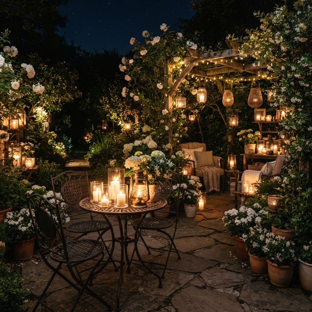 Garden seating area at night with candles, lanterns and white flowering plants in pots