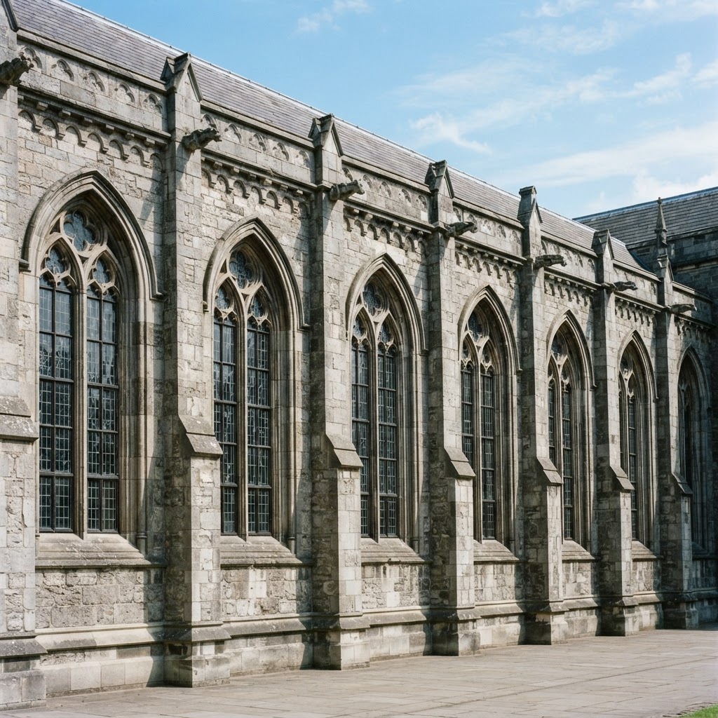 Row of tall pointed-arch lancet windows along a stone building