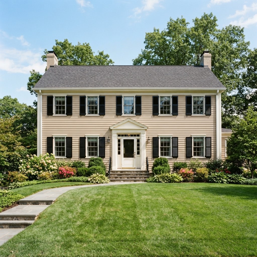 Beige Colonial-style house with classic black louvered shutters and warm white trim