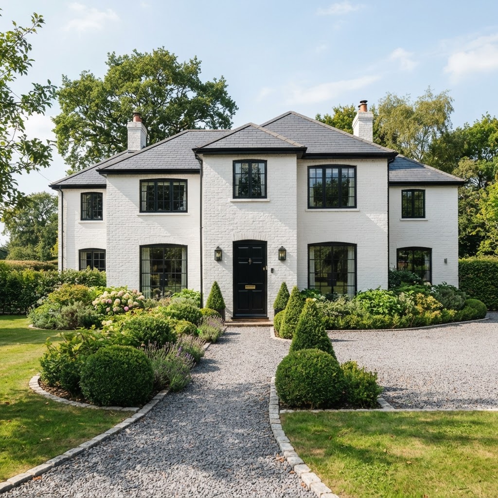 White painted brick house with black steel-framed windows, a black arched front door, black wall lanterns and a curved gravel drive between clipped shrubs