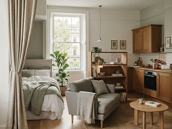 Bright small studio flat with a bed in an alcove behind a linen curtain, a grey sofa and round coffee table, an open bookshelf used as a room divider and a compact wood kitchen beside a tall sash window