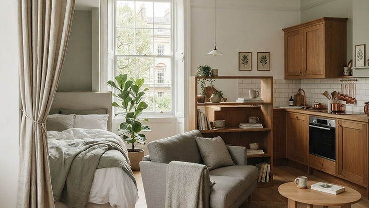 Bright small studio flat with a bed in an alcove behind a linen curtain, a grey sofa and round coffee table, an open bookshelf used as a room divider and a compact wood kitchen beside a tall sash window