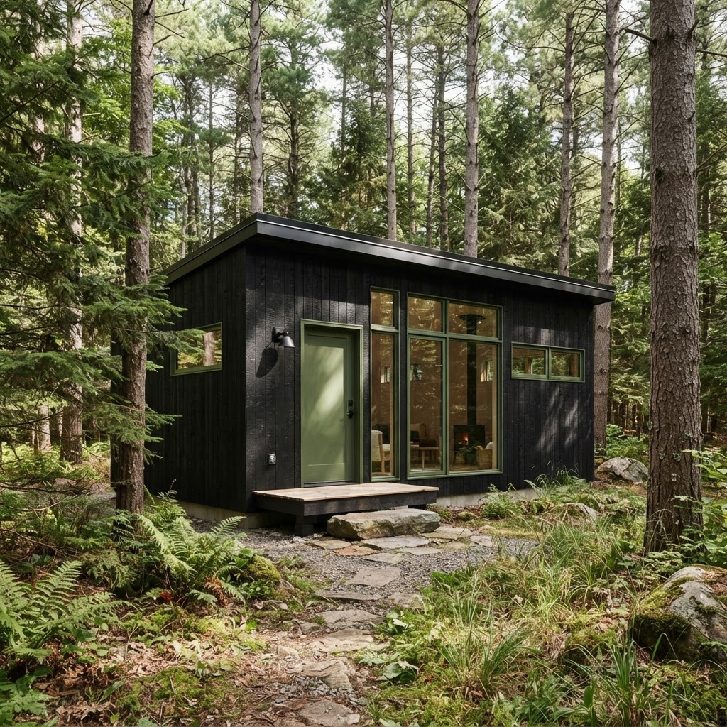 Small modern cabin clad in charred black timber with a moss-green front door and window frames, set among tall pine trees, ferns and stepping stones