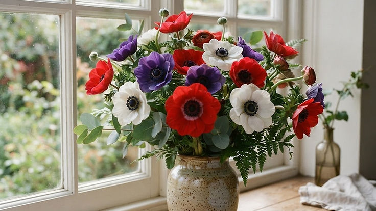 Bunch of red, purple and white anemones with dark centres in a ceramic vase by a window