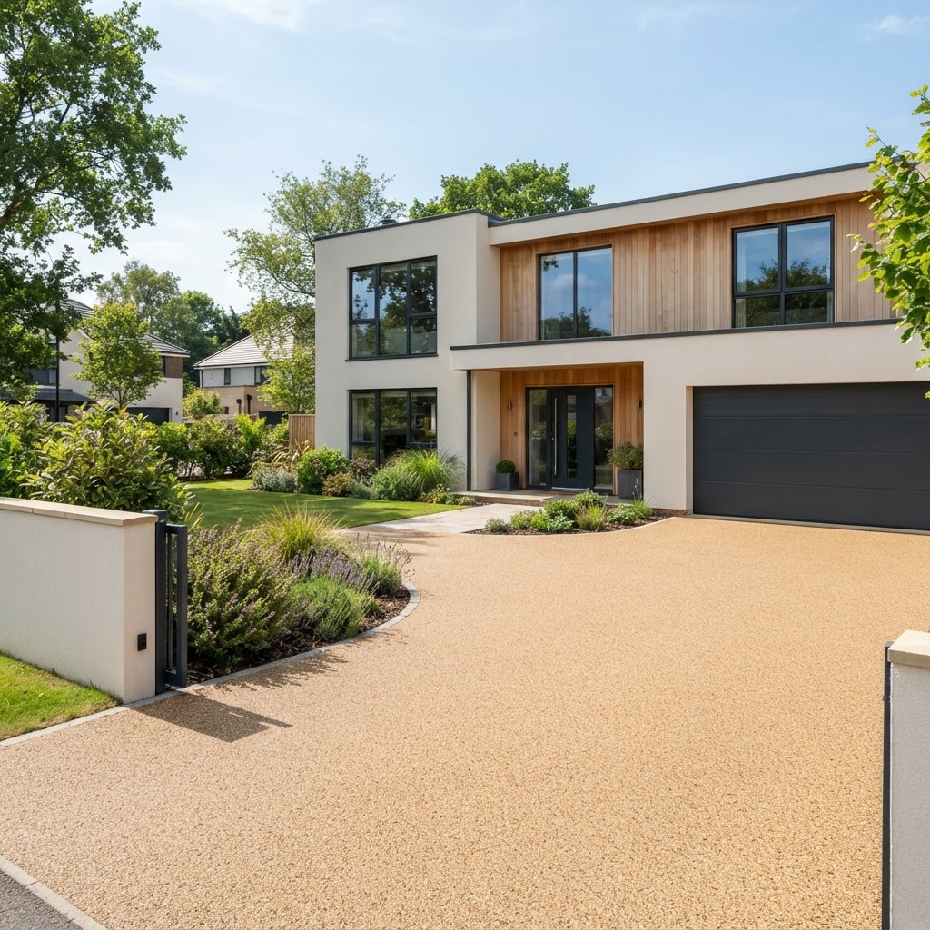 Warm buff resin-bound driveway in front of a modern rendered and timber-clad house