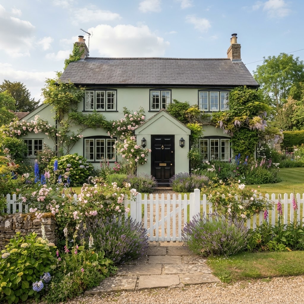 Sage green cottage with black window trim, a glossy black front door, a white picket gate and a cottage garden of roses, lavender and foxgloves along a stone path
