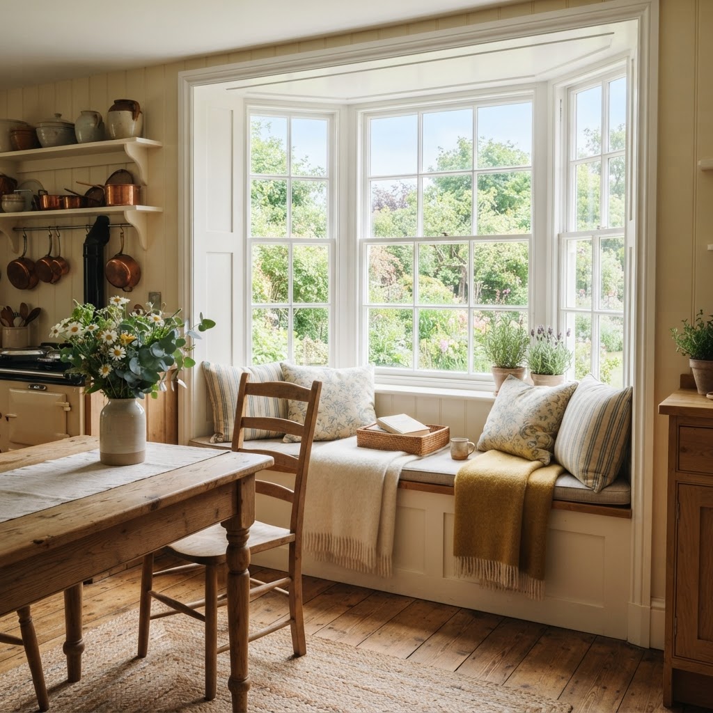 Farmhouse kitchen window seat with cushions beside a wooden table