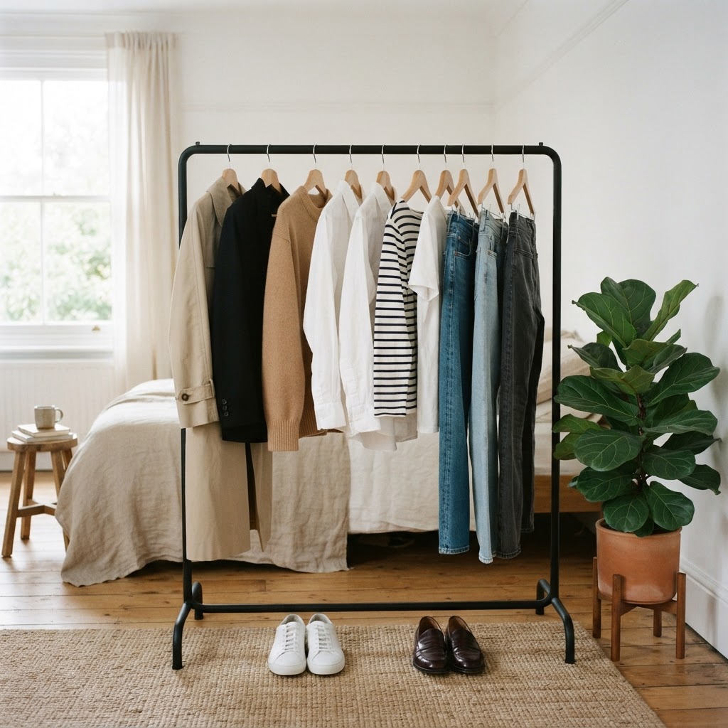 Clothing rail in a bright bedroom with a neutral capsule wardrobe: beige trench coat, black blazer, camel jumper, white shirts, a striped Breton top and three pairs of jeans, with white trainers and loafers below