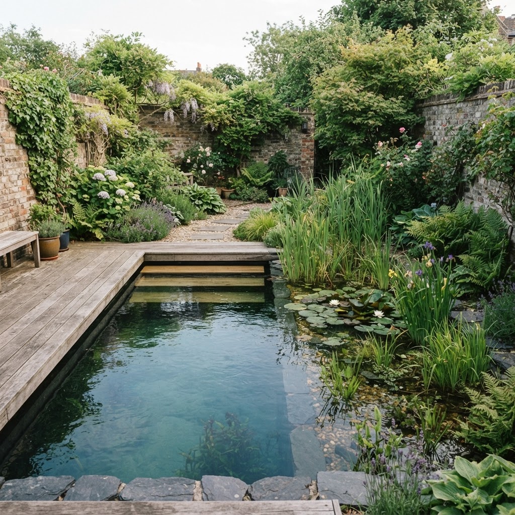 Small walled backyard with a natural swimming pond, a clear swimming zone beside a planted regeneration zone with reeds, water lilies and grasses, and a timber deck with steps into the water