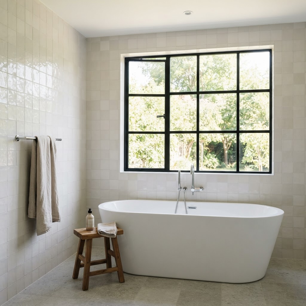 Bright bathroom with a black grid window above a freestanding bath