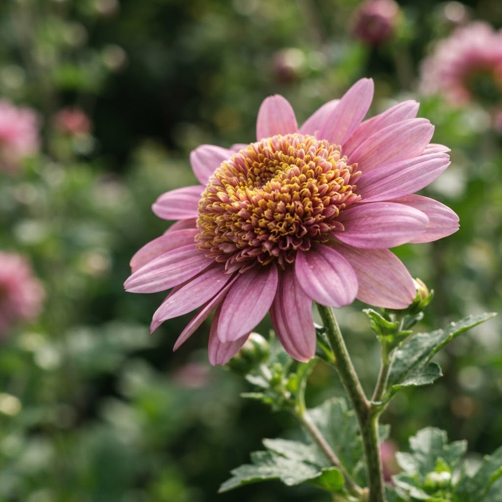 Close-up of an anemone form chrysanthemum with a raised cushion centre and a ring of flat dusky pink petals