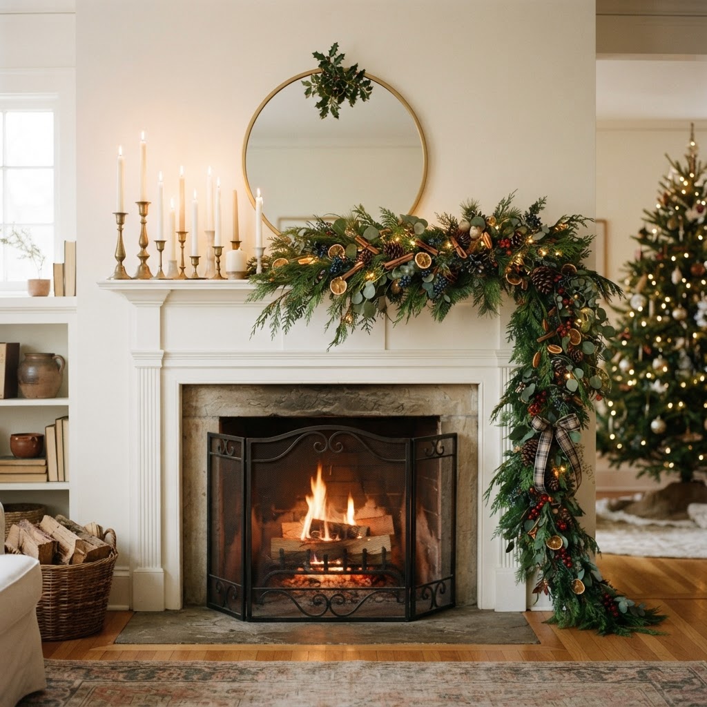 Asymmetrical Christmas garland of cedar and pine cascading down one side of a white painted mantelpiece with a cluster of candles on the other side