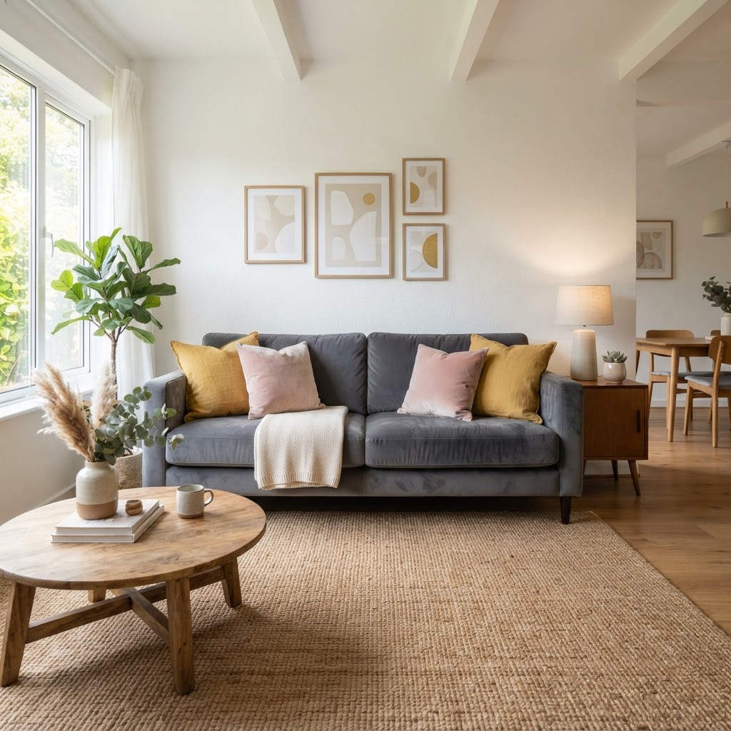 Graphite gray velvet sofa with mustard and blush pink cushions in a bright living room with white walls, framed prints, a round oak coffee table and a jute rug