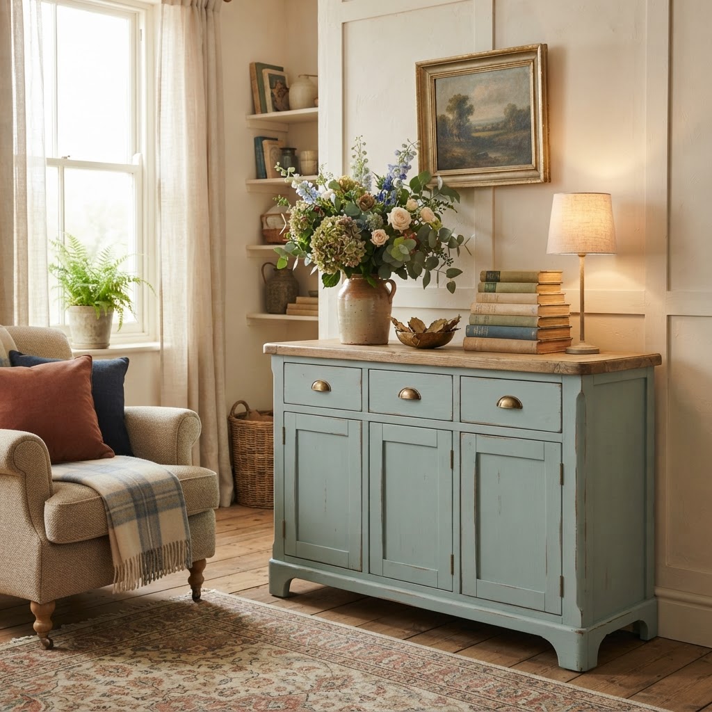 Duck-egg blue painted sideboard with an oak top, styled with flowers and books in a cosy living room