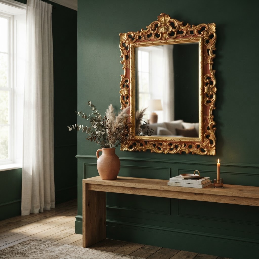 AFTER: a carved wooden mirror frame gilded in shining gold leaf with a little warm red base showing in the recesses, hanging on a deep green painted wall above a rustic wooden console table