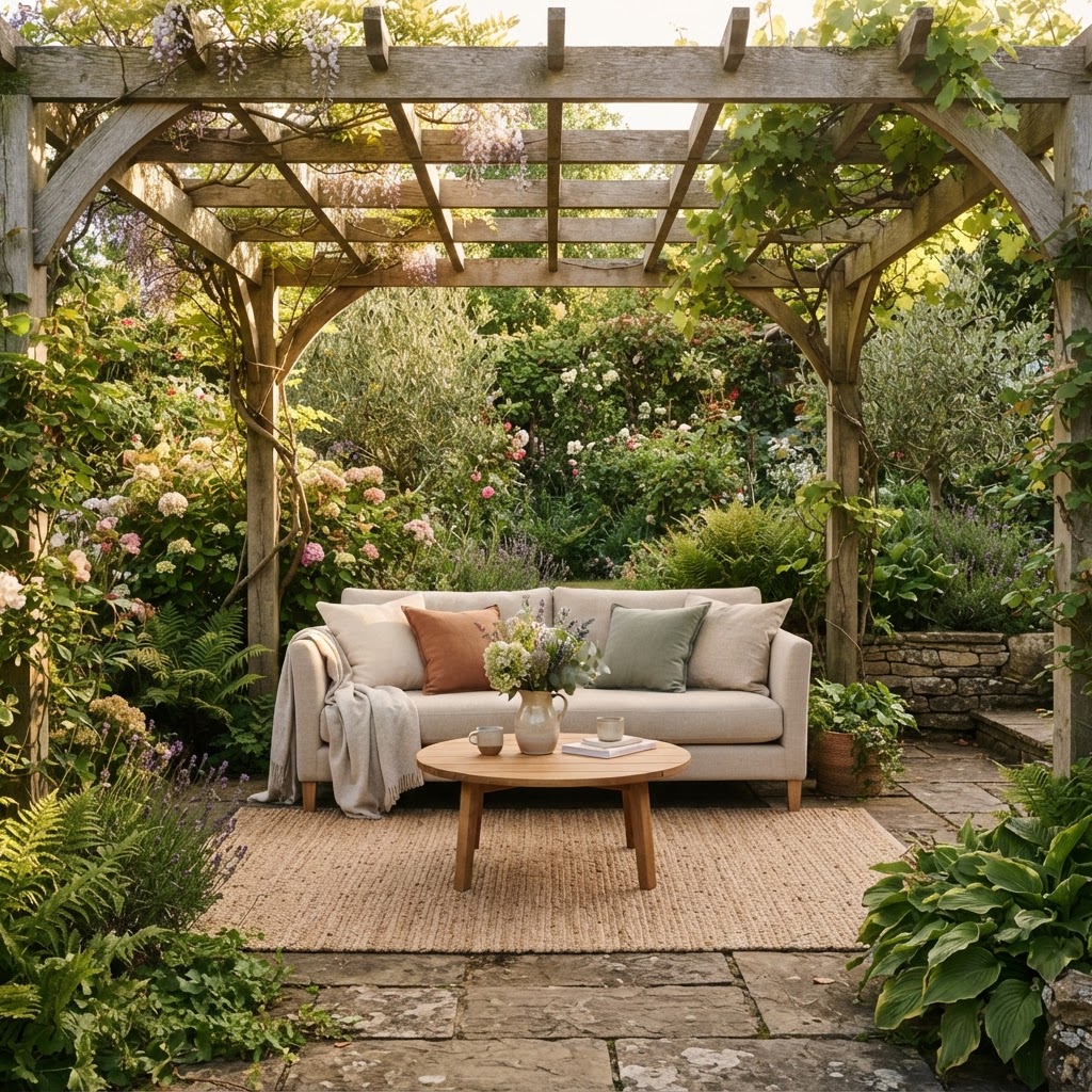 Pergola over an outdoor living room with a sofa, cushions, a jute rug and a coffee table