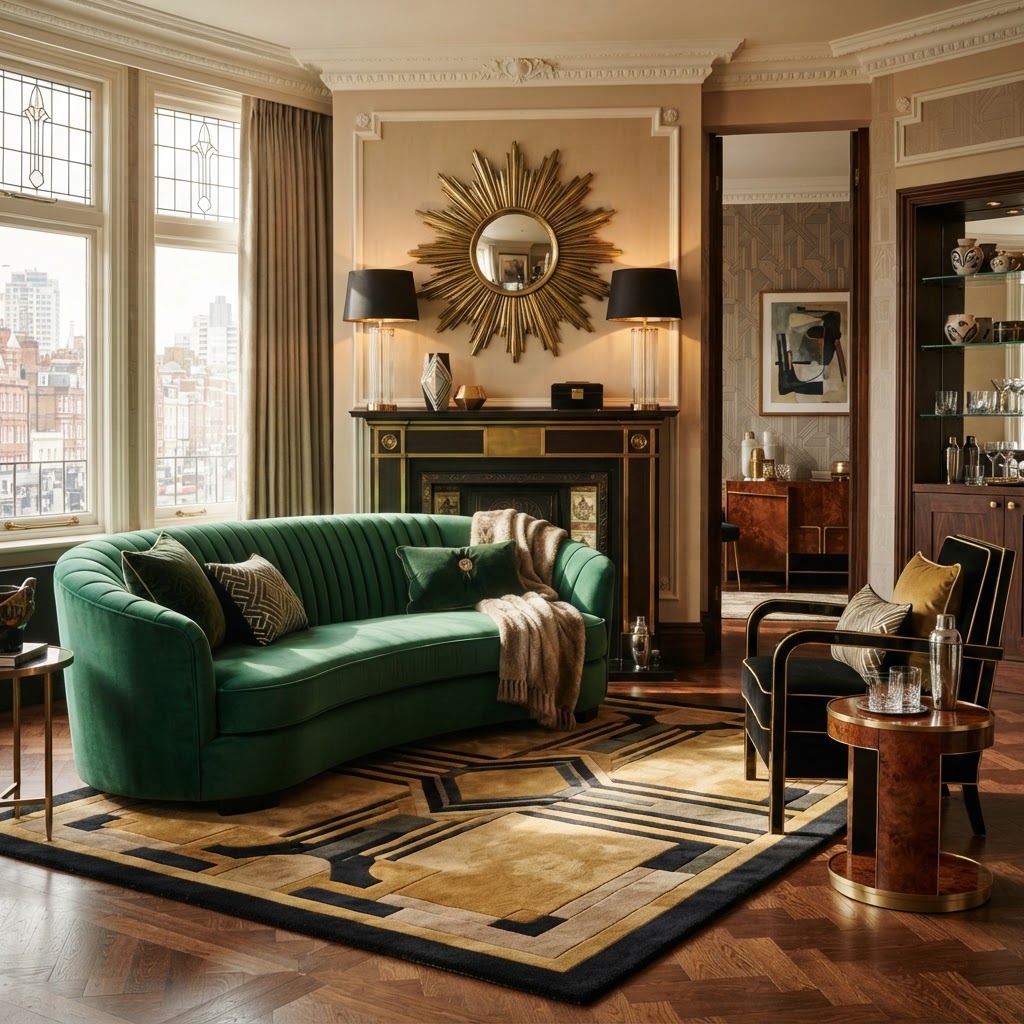Art Deco style living room with a sunburst mirror, a curved green velvet sofa, a geometric rug and brass details