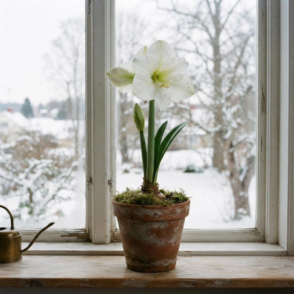 Single white amaryllis growing in a pot topped with moss on a windowsill in January
