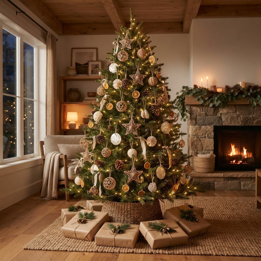 Christmas tree decorated with natural woven ornaments, stars and warm white lights