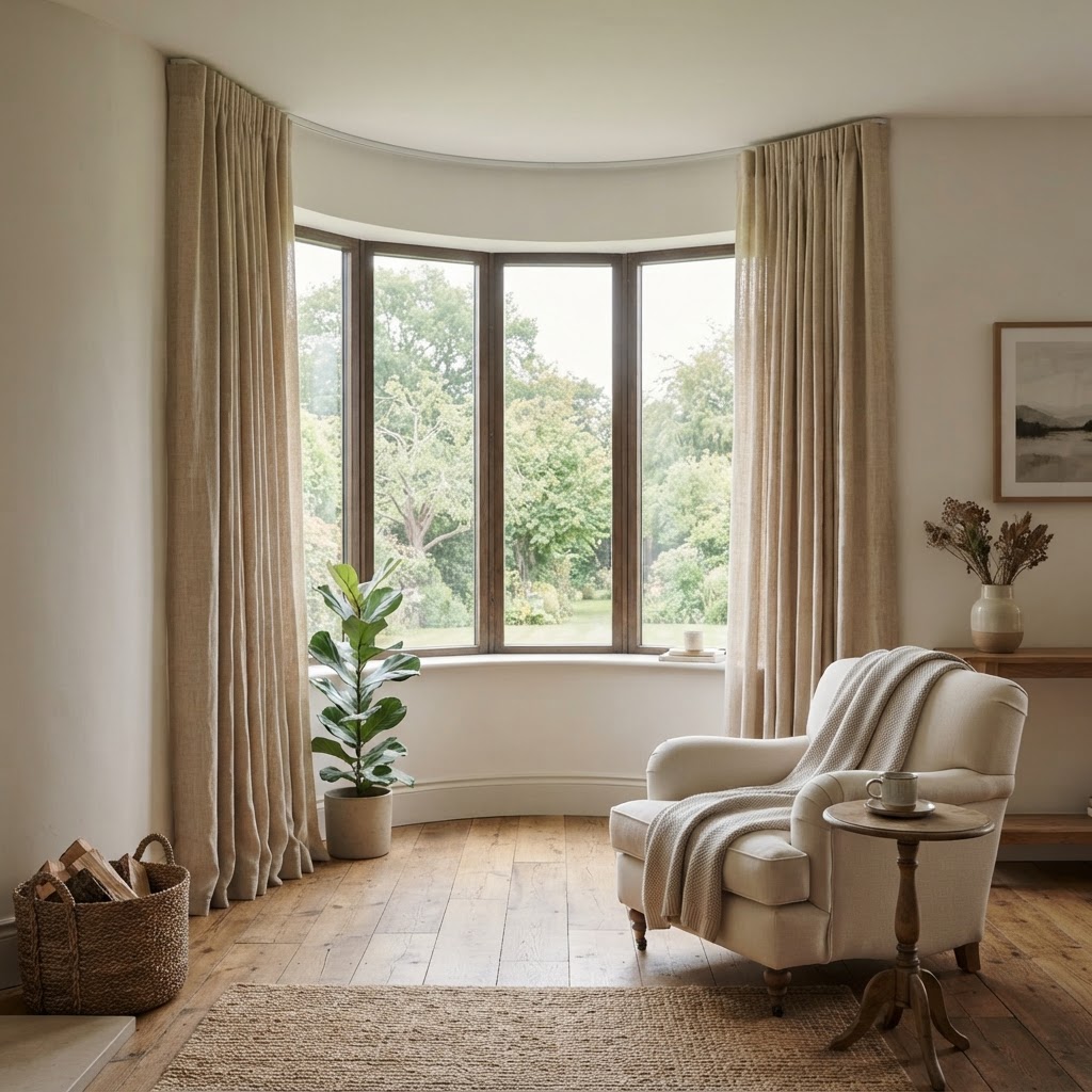 Curved bow window dressed with floor-length linen curtains and an armchair
