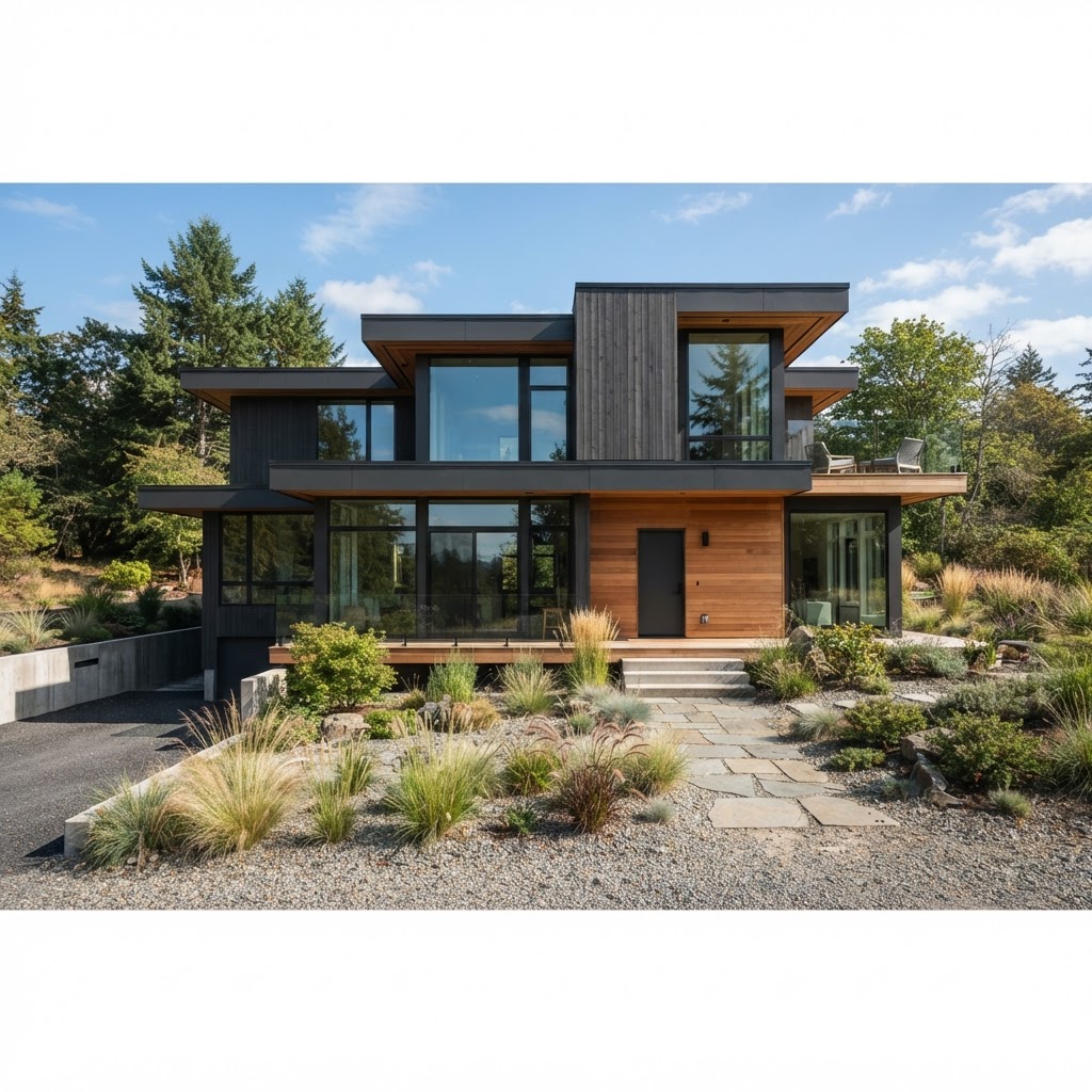 Modern two-storey house with dark graphite gray cladding, large windows, warm cedar wood accents and a gravel garden planted with grasses