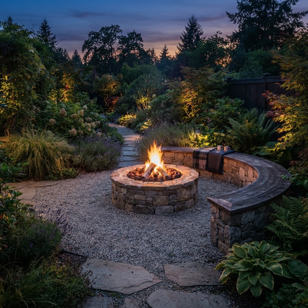 Round stone fire pit with curved stone bench seating and gravel in a garden at dusk