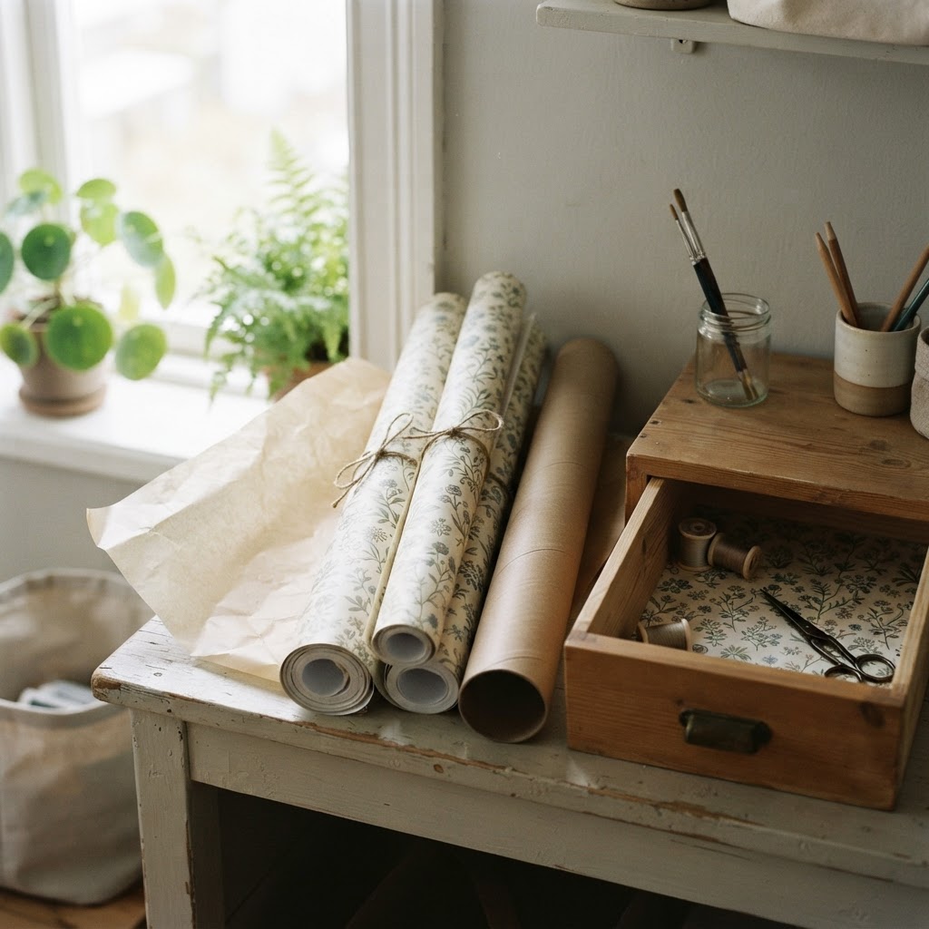 Removed peel and stick wallpaper panels rolled with the pattern facing out and stored with baking parchment and a cardboard tube, beside a drawer lined with the same patterned paper