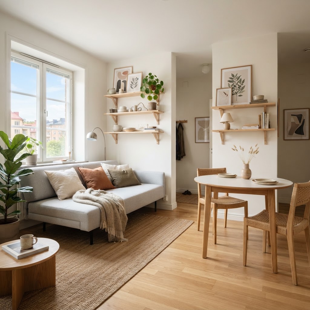 Small city living room with a sofa, a round dining table and wall-mounted shelves