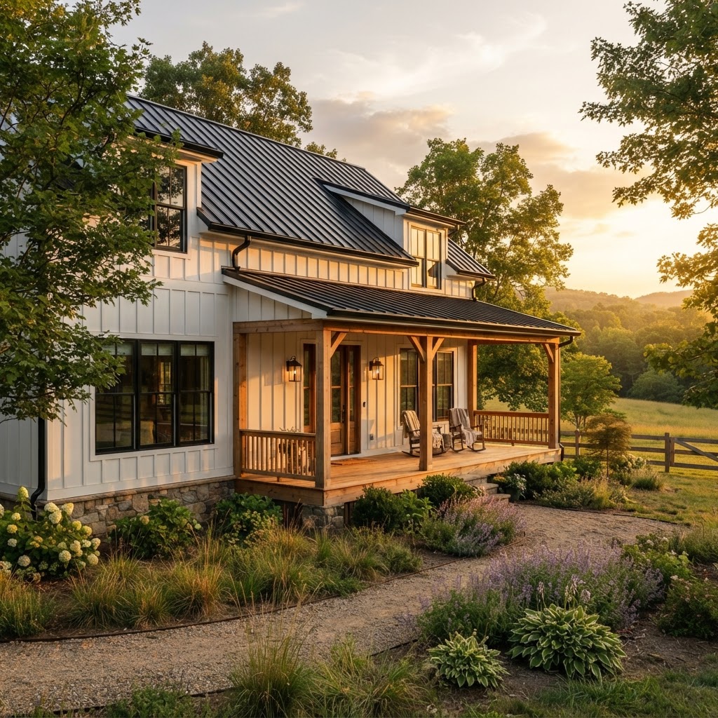 White board and batten modern farmhouse with a black metal roof, a wooden front porch with posts and a gravel path through grasses at golden hour