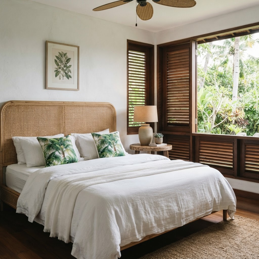Tropical style bedroom with a woven rattan headboard, white bedding, palm print cushions and wooden shutters