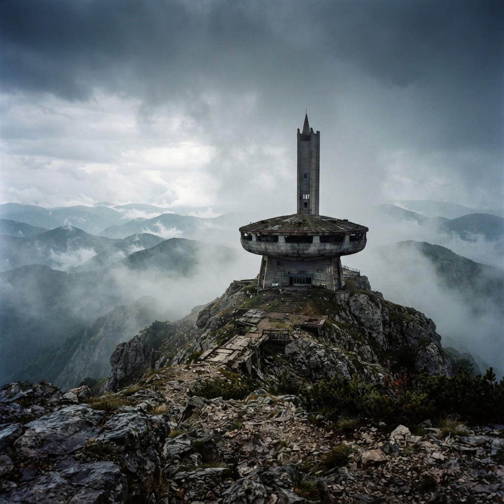 Abandoned saucer-shaped concrete monument with a tall tower on a misty mountain peak