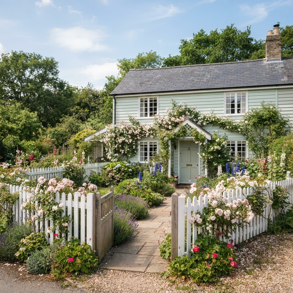 Pale mint green cottage with white trim, a white picket fence and gate, climbing roses over the porch and a flagstone path