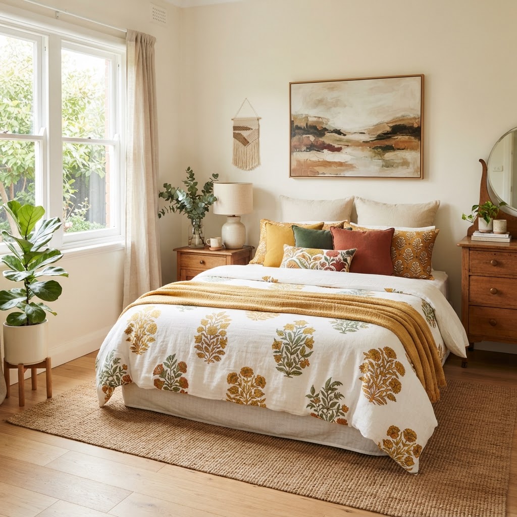 White bed with ochre, mustard and green patterned bedding and colourful cushions