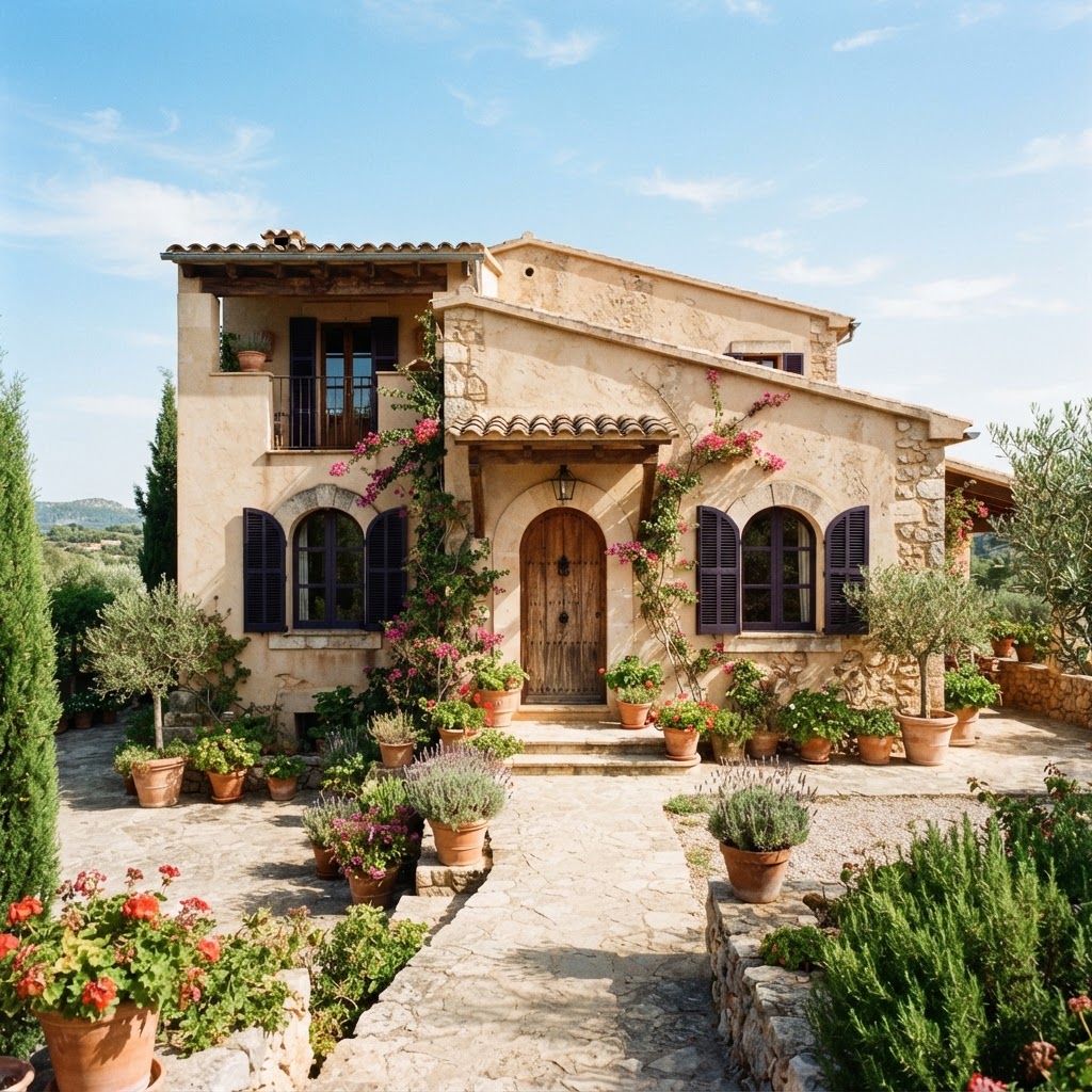 Sandy beige Mediterranean-style stucco house with purple-black shutters and terracotta pots