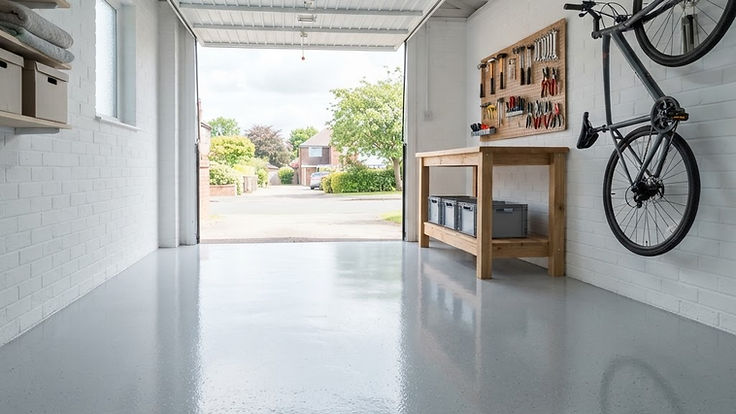 Bright single garage with a glossy light grey epoxy floor, white painted brick walls, an oak workbench with tools on a pegboard and a bicycle hung on the wall, with the up-and-over door open to daylight