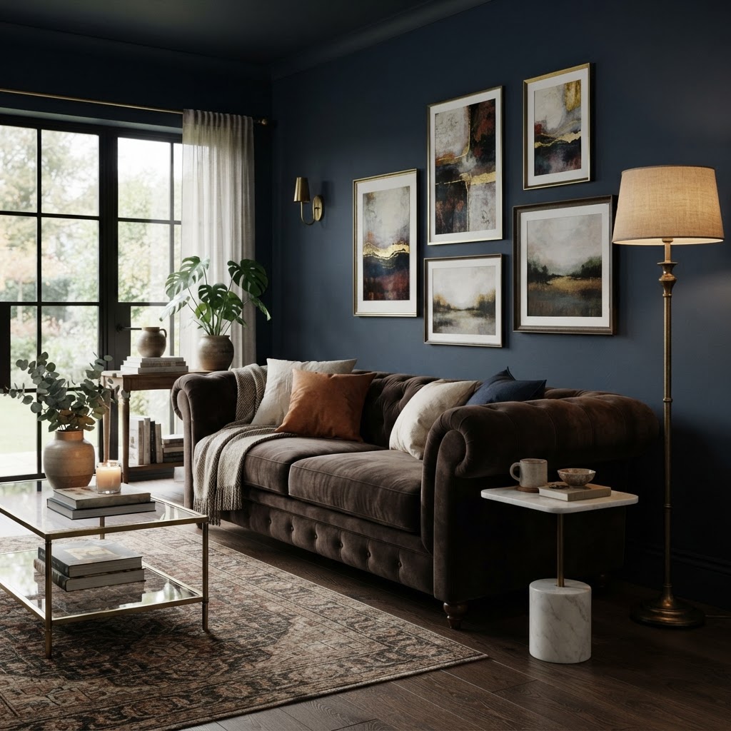 Moody living room with a dark brown velvet sofa against navy blue walls, a brass floor lamp, a marble side table and a gallery of framed art
