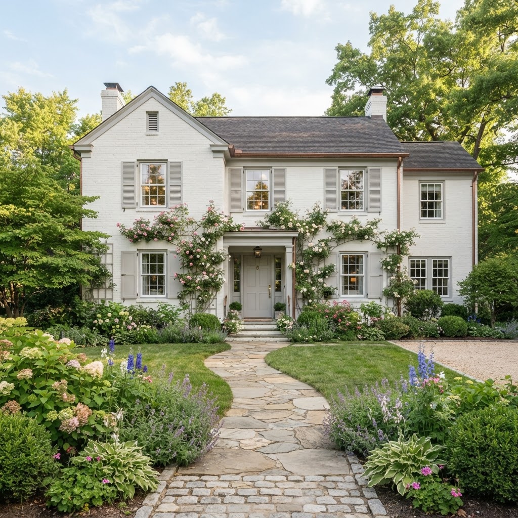 Painted white brick house with soft dove gray trim and shutters, a pale gray front door, climbing roses on the facade and a stone path through cottage garden planting