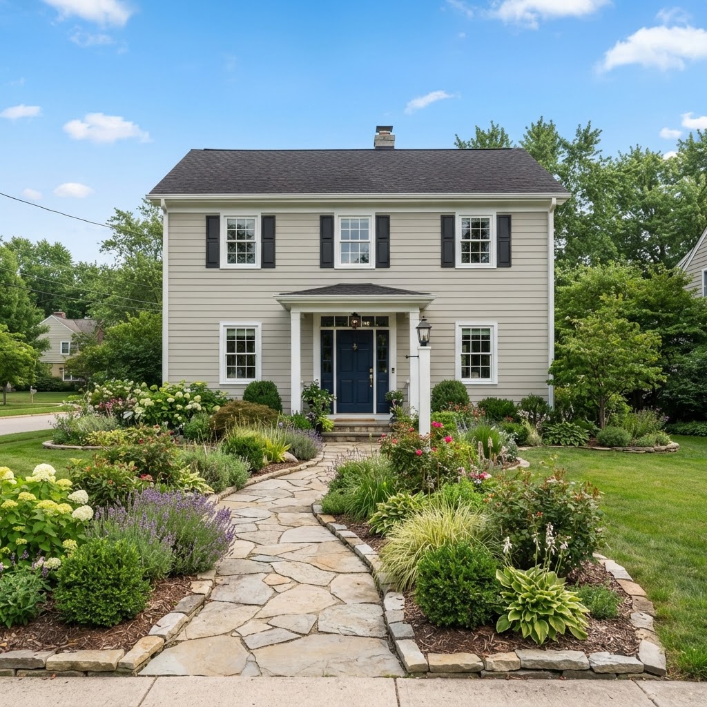 Two-storey colonial house with light greige siding, white trim, dark shutters, a navy front door and a stone path through a front garden