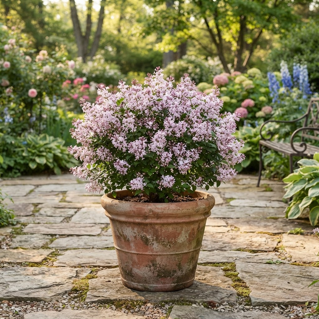 Compact dwarf Korean lilac in full pale pink bloom in a large terracotta pot on a stone patio