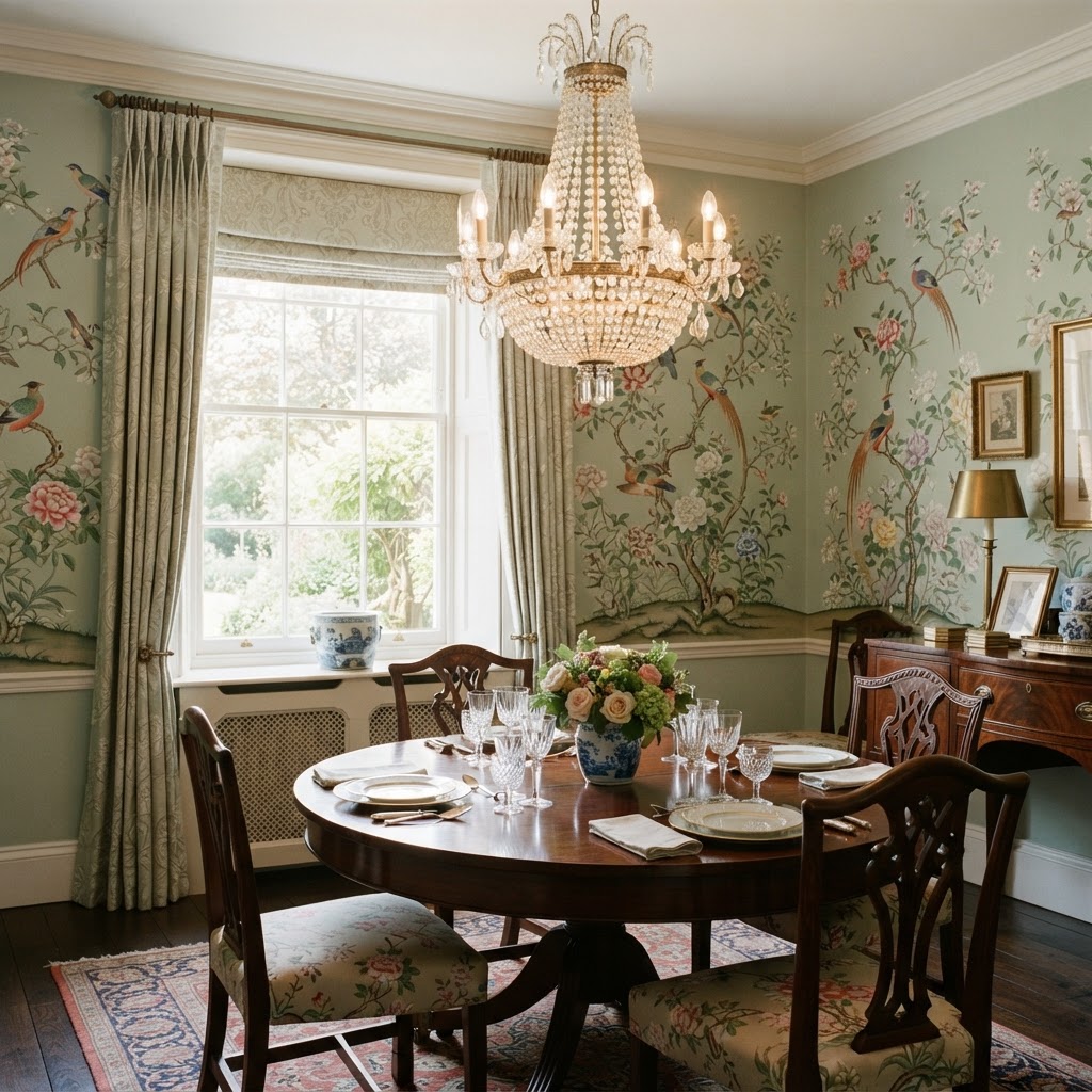 Elegant dining room with a chinoiserie style wallpaper of birds and blossoming branches on a soft green background, a round table and a crystal chandelier