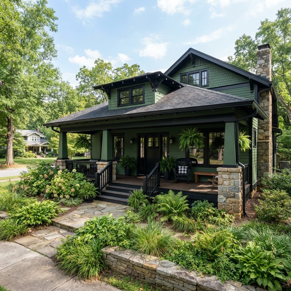 Craftsman bungalow painted hunter green with black trim, black porch railings, tapered porch columns on stone bases and a wide covered front porch surrounded by planting