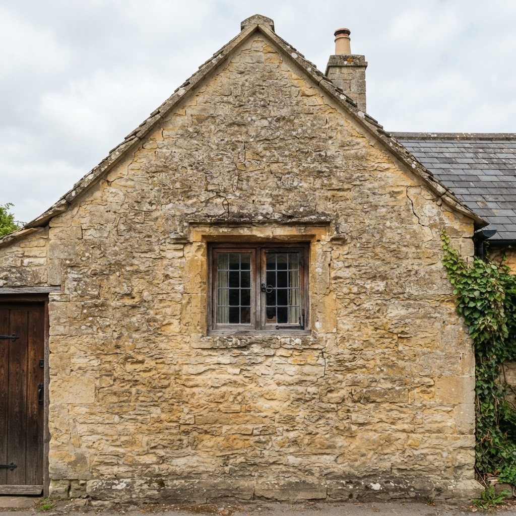 Stone cottage gable end with a small timber-framed leaded window