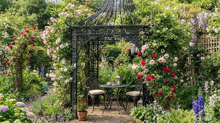 Black metal garden pagoda over a patio bistro set surrounded by climbing roses