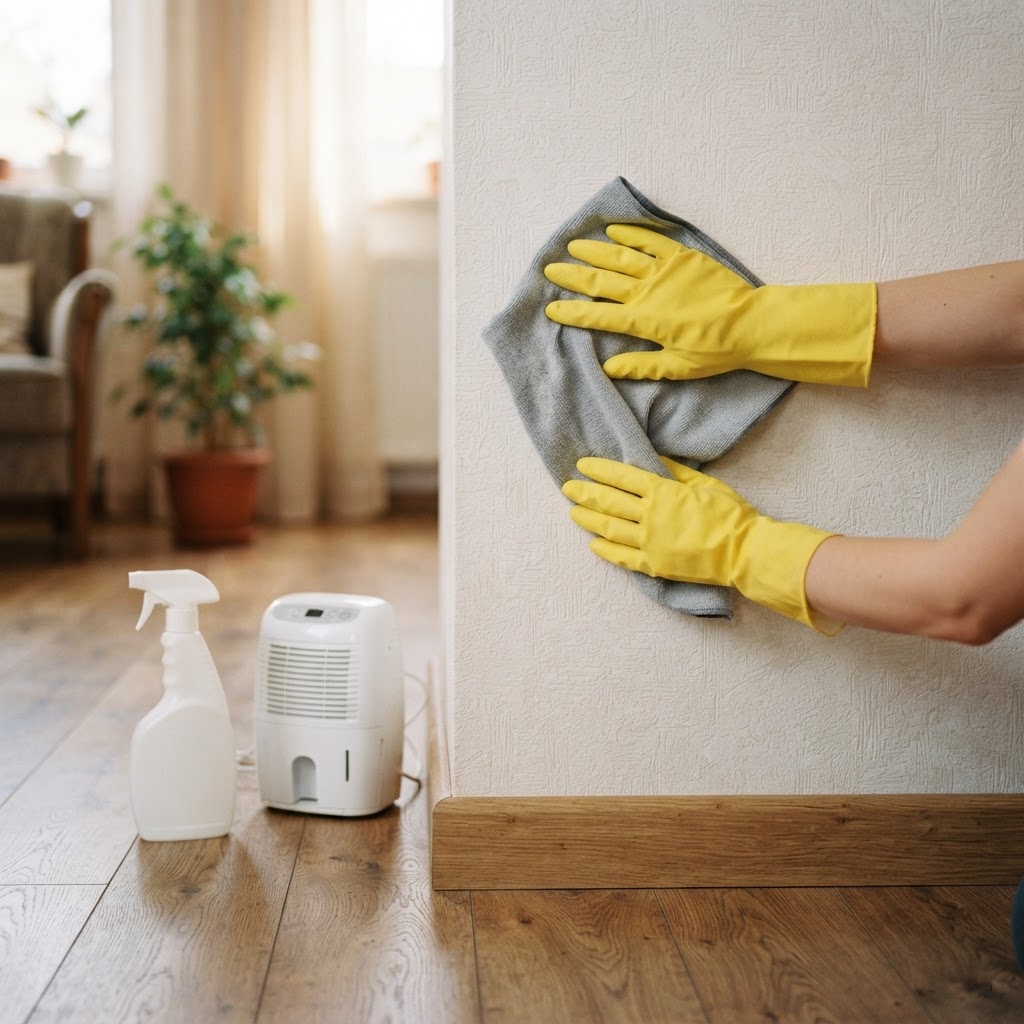 Hands in yellow rubber gloves wiping pale wallpaper with a microfibre cloth, with a white spray bottle and a small dehumidifier on the floor beside the wall