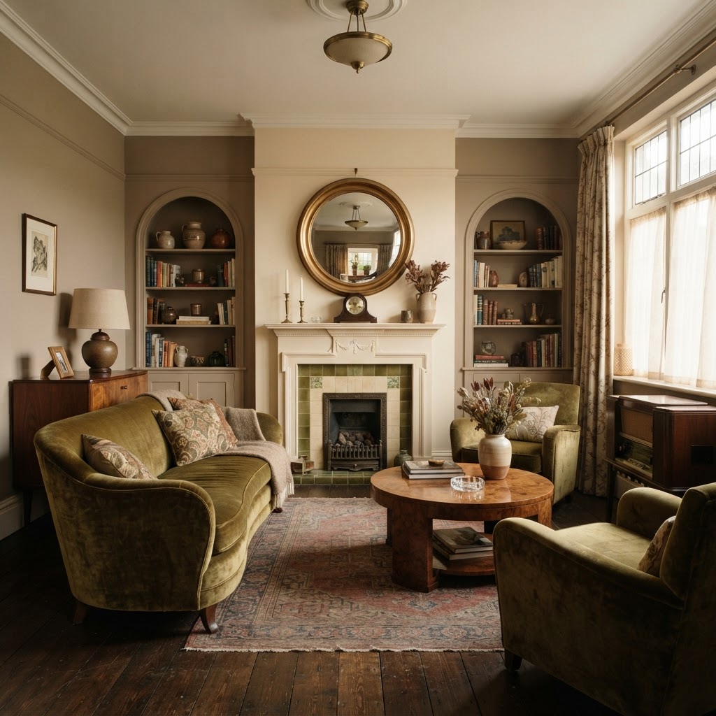 1930s-style living room with a curved sofa, walnut veneer furniture and a round mirror