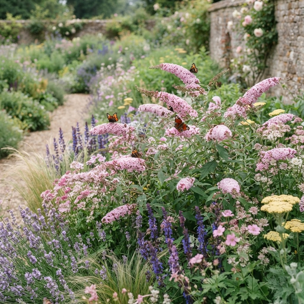 Soft pink butterfly bush flower spikes in a pastel summer border
