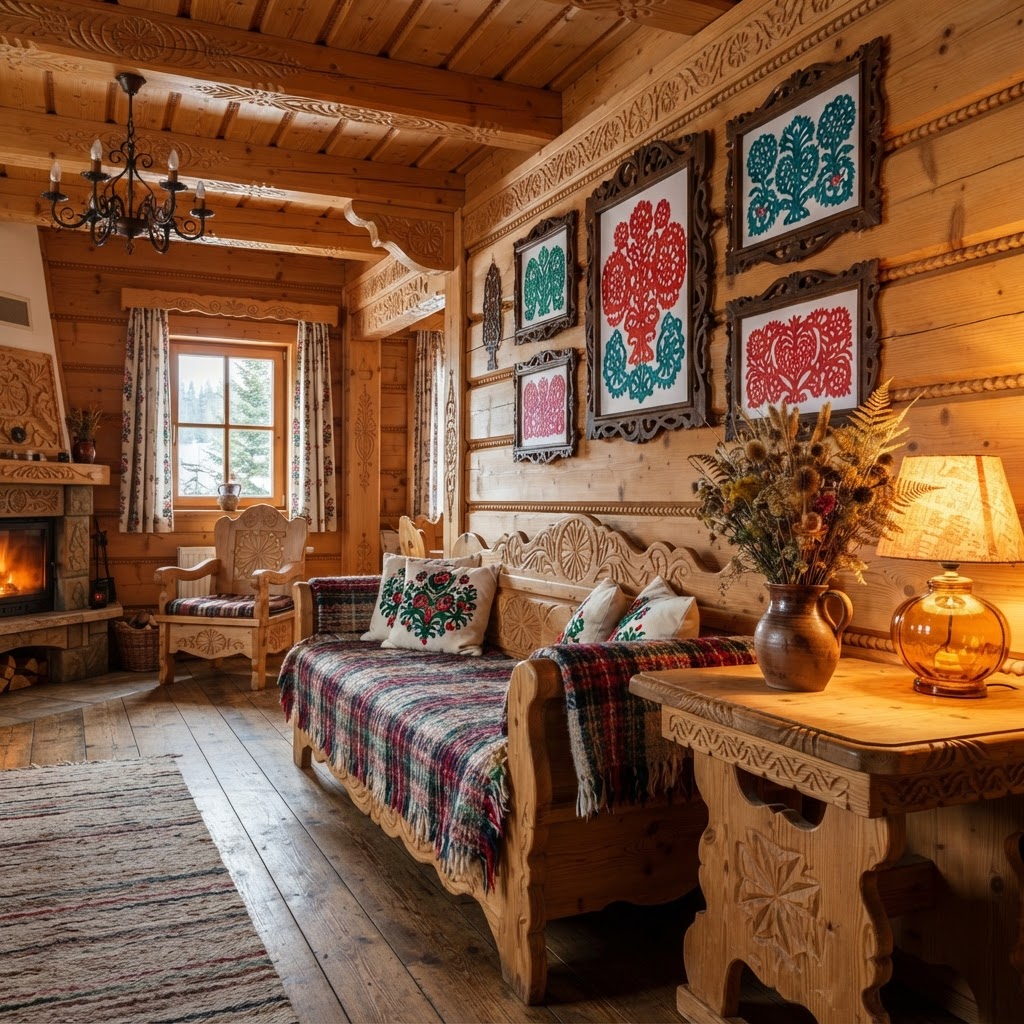 Zakopane style living room with carved pine log walls and ceiling beams, a carved wooden sofa with a red tartan throw and folk embroidered cushions, framed red and green paper cutouts on the wall, a ceramic jug of dried flowers and a stone fireplace
