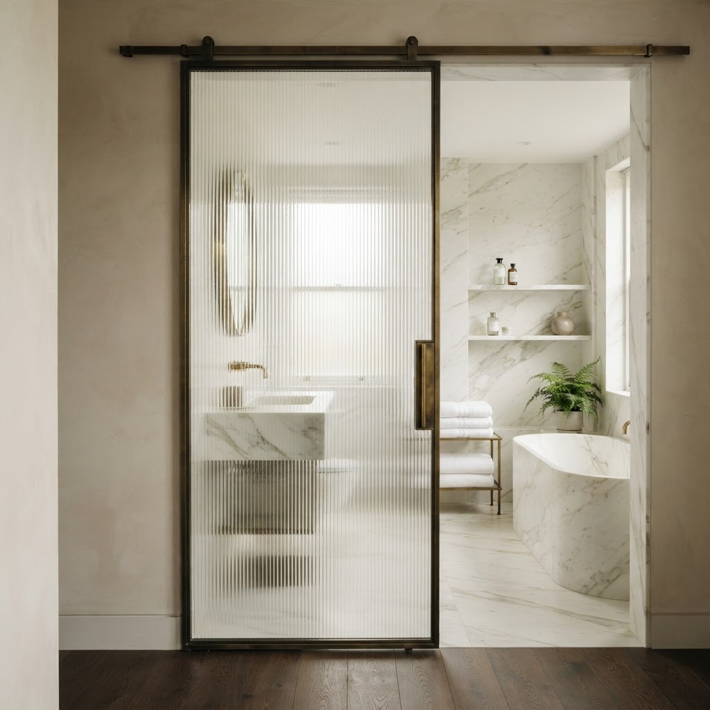 Reeded glass sliding door with a slim brass frame leading into a marble bathroom